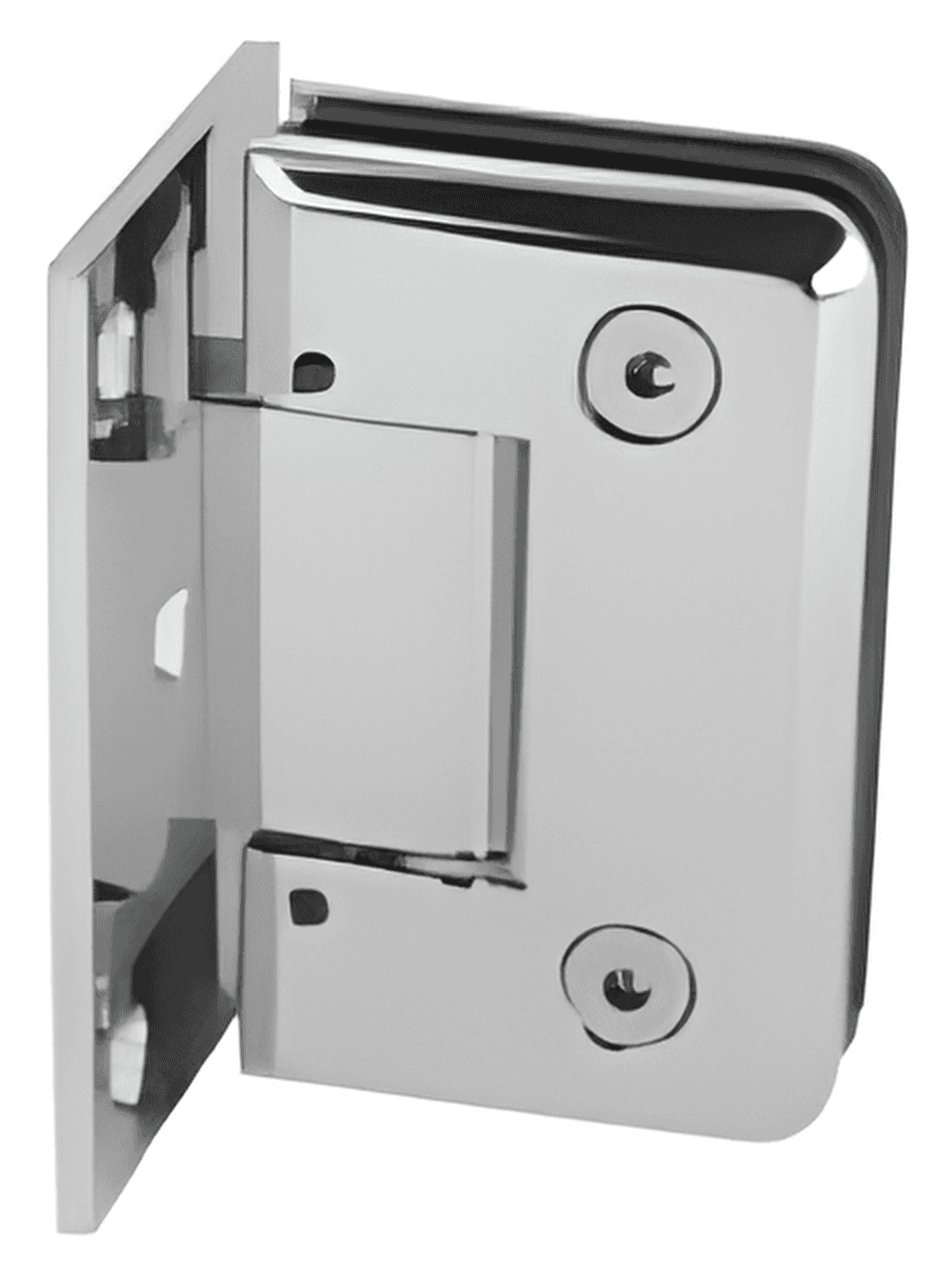 Wall mount glass to wall hinge offset back plate with curve plate with 5 degree adjustable, self closing within 5 degree, can be used for 8,10 and 12mm toughened glass: Polished chrome