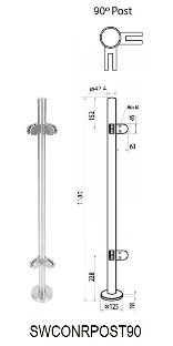 42.4 mm Corner Post, 316 Outdoor, 970 mm High - SWCONRPOST90, satin brushed not pictured